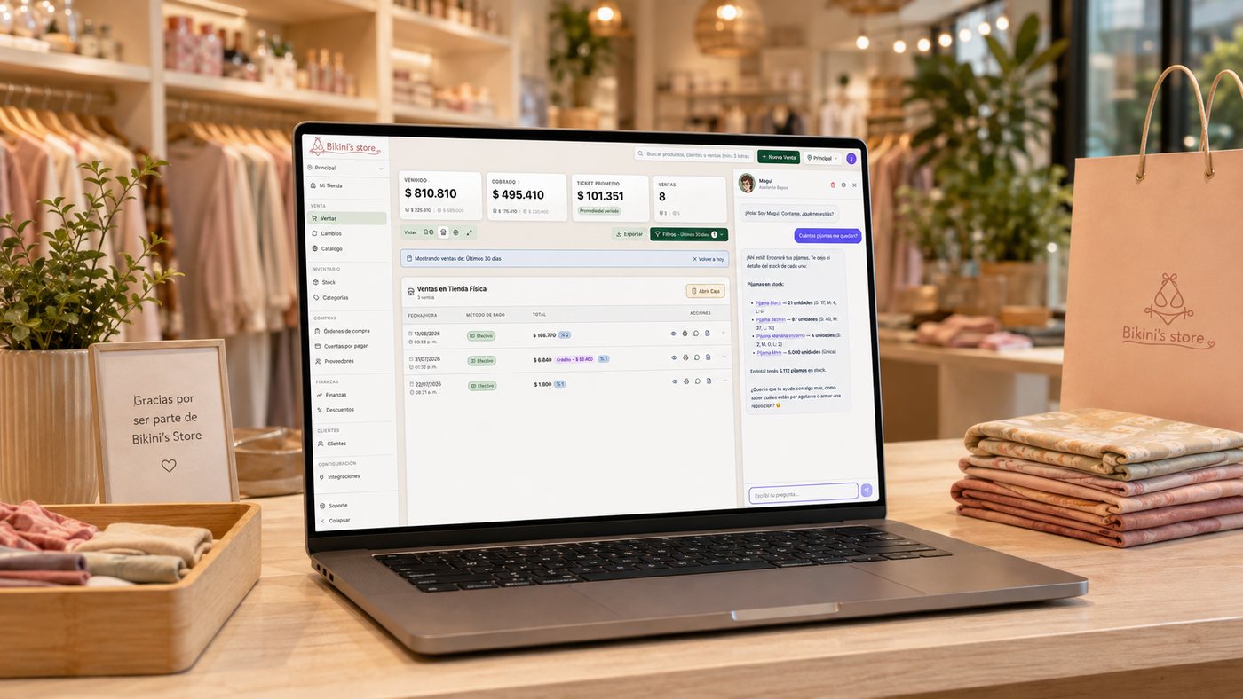 Bepos abierto en una notebook sobre el mostrador de un local